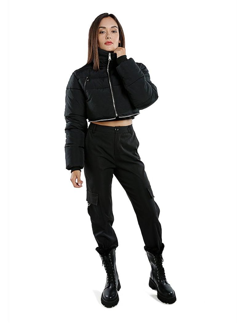 لندن راج سترة سوداء قصيرة قابلة للفصل ذات ياقة مدورة - Image 2