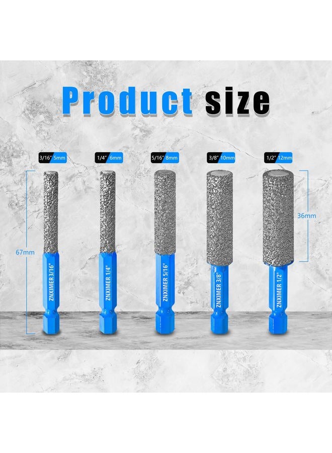 ZNXIMER 5pcs Diamond Drill Bits Set for Ceramic, Porcelain, Glass, Marble, Tiles, Granite, Stone and More - Versatile Tile Drill Bits for Efficient, Precise Drilling and Milling - Image 2