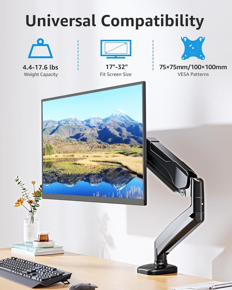 MOUNTUP Single Monitor Desk Mount, Adjustable Gas Spring Monitor Arm Support Max 32 Inch Screen, Computer Monitors Stand with Clamp/Grommet Mounting Base, VESA Mounts Fit 4.4-17.6lbs Computer, Black - Image 3