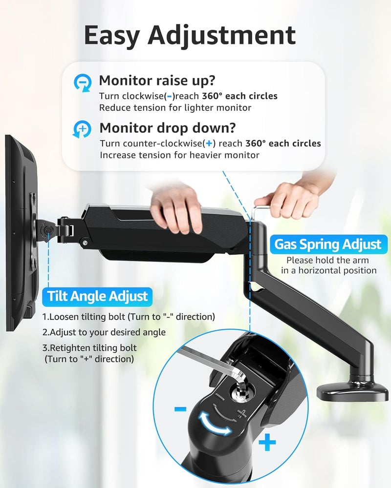 MOUNTUP Single Monitor Desk Mount, Adjustable Gas Spring Monitor Arm Support Max 32 Inch Screen, Computer Monitors Stand with Clamp/Grommet Mounting Base, VESA Mounts Fit 4.4-17.6lbs Computer, Black - Image 2