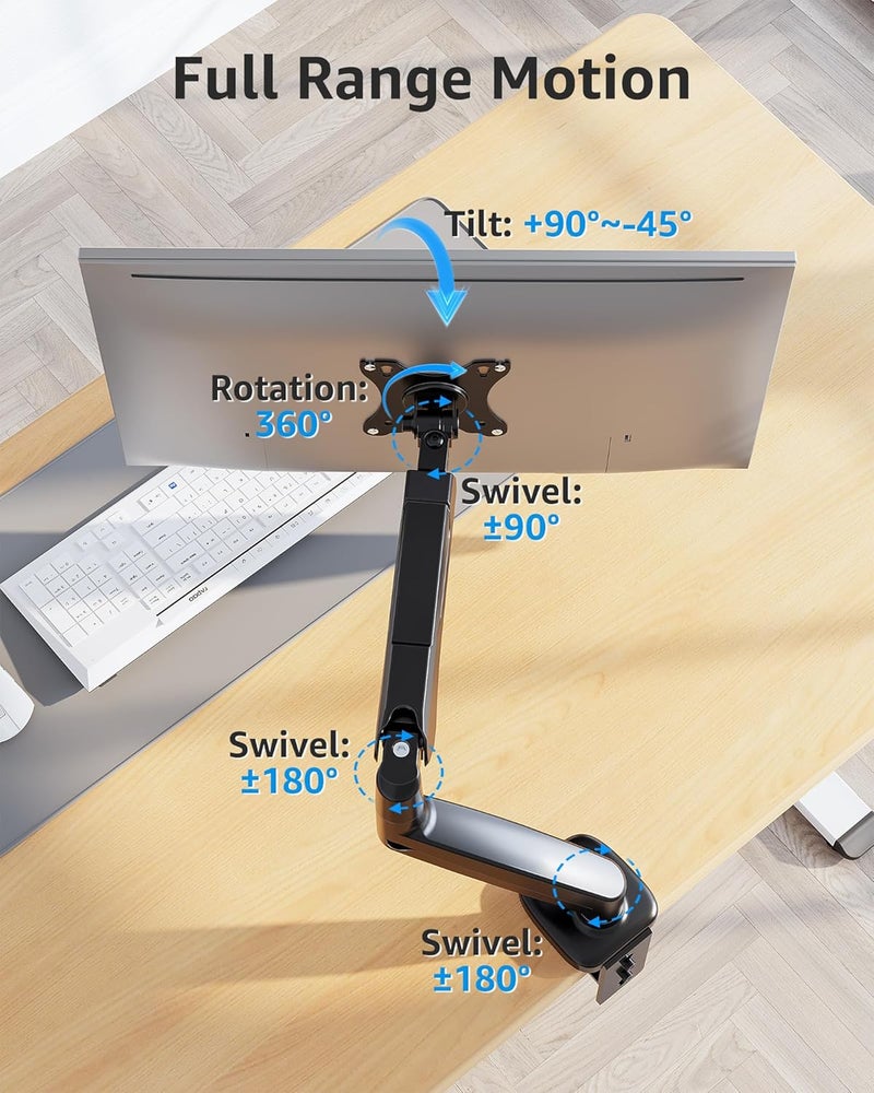 MOUNTUP Single Monitor Desk Mount, Adjustable Gas Spring Monitor Arm Support Max 32 Inch Screen, Computer Monitors Stand with Clamp/Grommet Mounting Base, VESA Mounts Fit 4.4-17.6lbs Computer, Black - Image 5