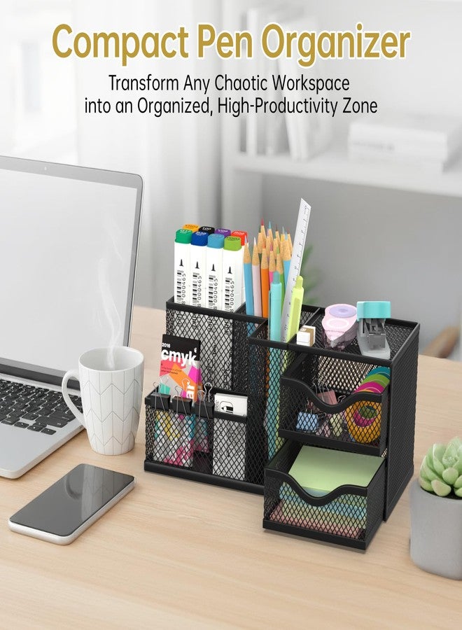 ReePlan Mesh Desk Organizer, Pen Organizer with 2 Drawers and 5 Compartments, Versatile Pen Holder for Small Space, Desk Organizers and Accessories for School Office Supplies, Black - Image 4