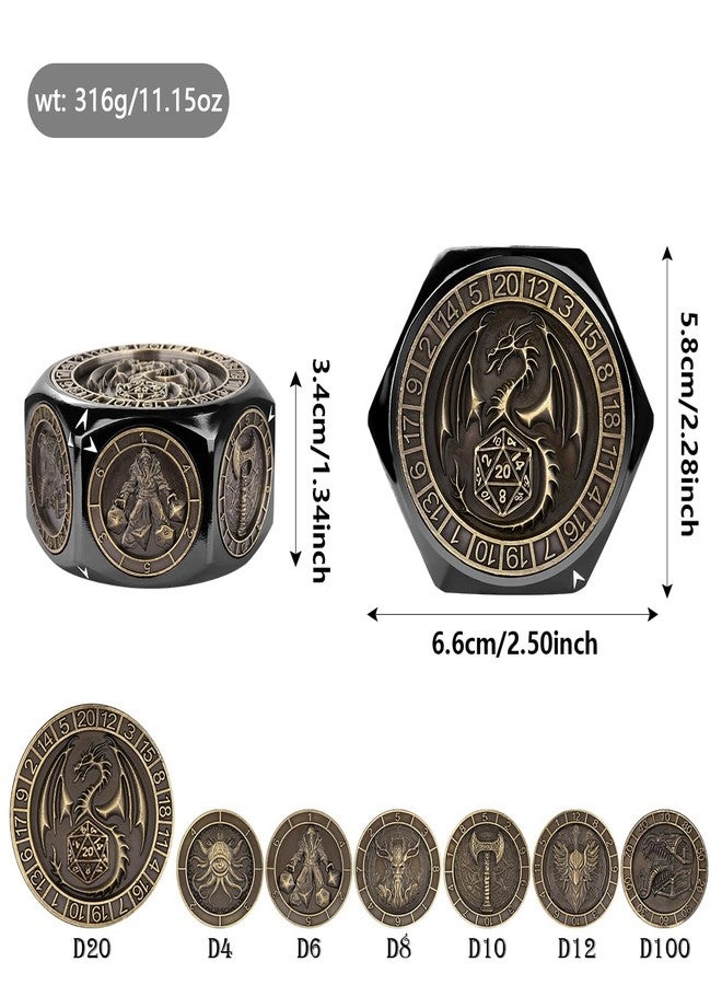 DND DADO DND Spinner Dice, 3D Hexagon Relief Design, 8-in-1 Metal Dice Set, D&D Polyhedral Rotating Game Dice, DND Gifts with Dragon Logo Gift Box, Role Play Board Game Accessories, Black - Image 2