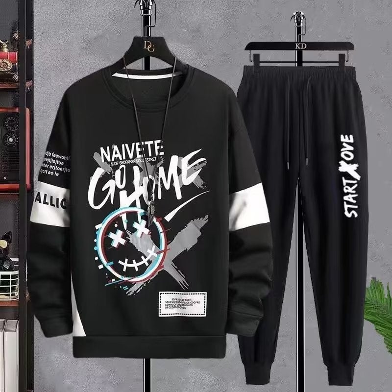 Sweater suit mens autumn 2022 New ins fashion brand Youth versatile casual student sports two-piece suit fashion Y07 Black