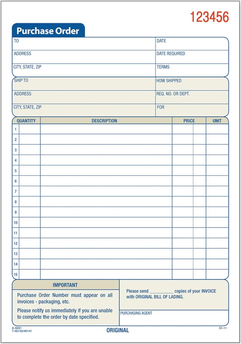 Adams 2-Part Carbonless Purchase Order Book, White/Canary, 50 Sets, 5-9/16 x 8-7/16 Inches - Image 1