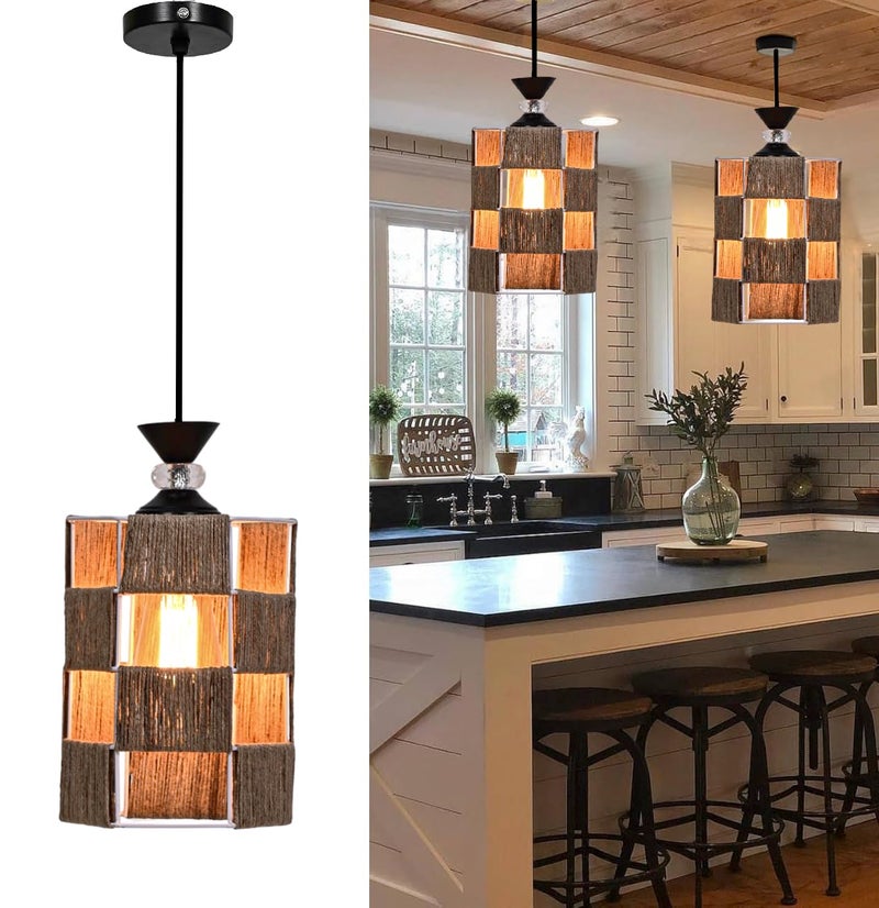 Groeien Crystal Jute Weave Metal Hanging Pendant Ceiling Lamp Fixture | Chandelier for Home, Indoor, Outdoor,Living Room, Bedroom(Bulb Included)(JuteWeave, 1) - Image 1