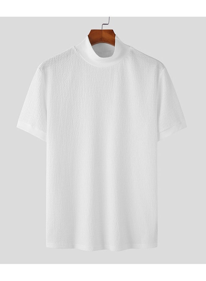 NIBEMINENT Turtleneck Chic Elegant T-shirt, Men's Casual Short Sleeve Shirt For Summer Dating Dinner  - Image 2