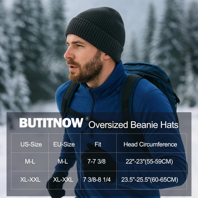 BUTITNOW Plus Size Fleece Lined Beanie Hat - M/L/XL/XXL Merino Wool Beanie Hat for Men - Large Winter Hat Ski Skull Cap for Big Heads Black - Image 2