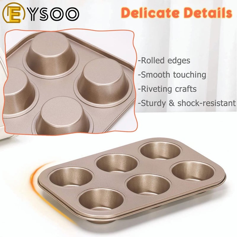 EYSOO Nonstick Bakeware Set 7 Pcs Baking Pans Set- Pizza Tray, Round/Square Pans, Loaf Pan, 6-Cup Muffin Pan Carbon Steel Baking Trays Oven Trays for Bakers Beginners with Rack & Mitts (Golden) - Image 5