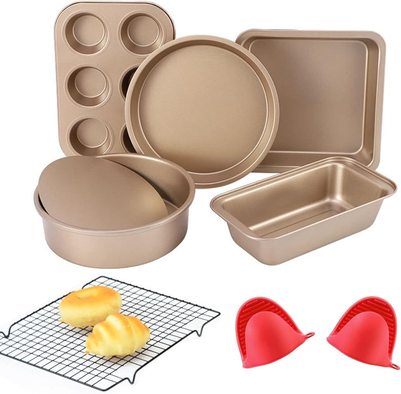 EYSOO Nonstick Bakeware Set 7 Pcs Baking Pans Set- Pizza Tray, Round/Square Pans, Loaf Pan, 6-Cup Muffin Pan Carbon Steel Baking Trays Oven Trays for Bakers Beginners with Rack & Mitts (Golden) - Image 1