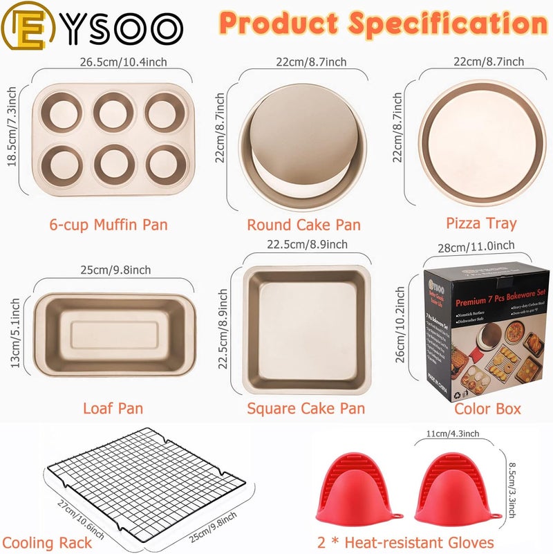 EYSOO Nonstick Bakeware Set 7 Pcs Baking Pans Set- Pizza Tray, Round/Square Pans, Loaf Pan, 6-Cup Muffin Pan Carbon Steel Baking Trays Oven Trays for Bakers Beginners with Rack & Mitts (Golden) - Image 3