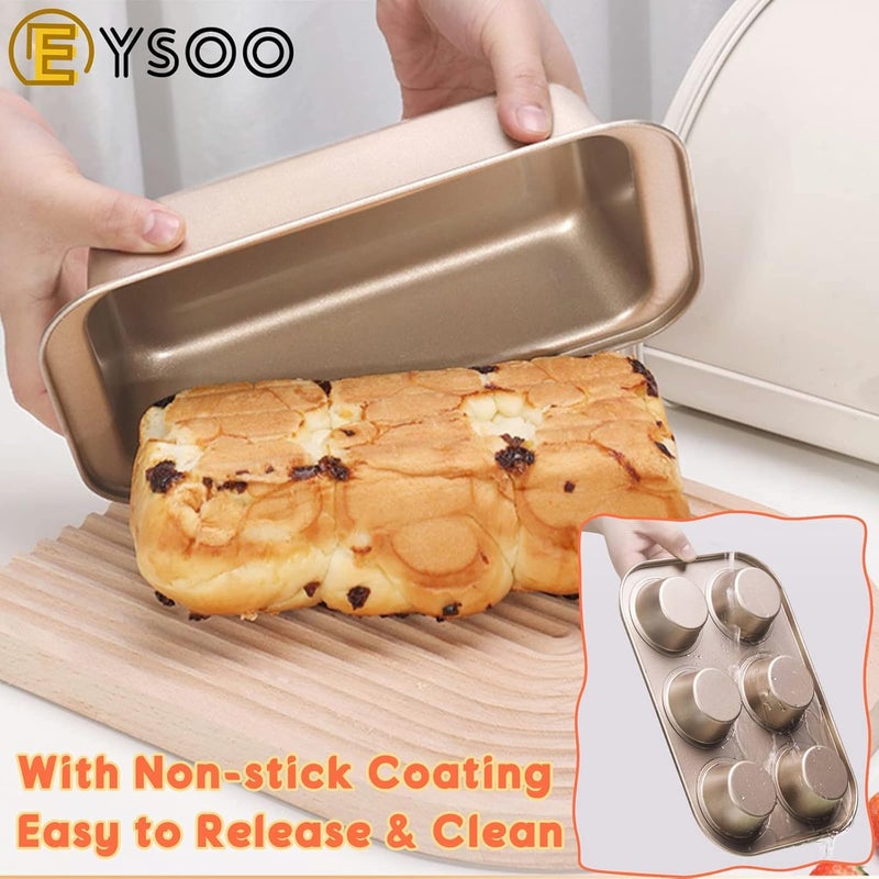 EYSOO Nonstick Bakeware Set 7 Pcs Baking Pans Set- Pizza Tray, Round/Square Pans, Loaf Pan, 6-Cup Muffin Pan Carbon Steel Baking Trays Oven Trays for Bakers Beginners with Rack & Mitts (Golden) - Image 4