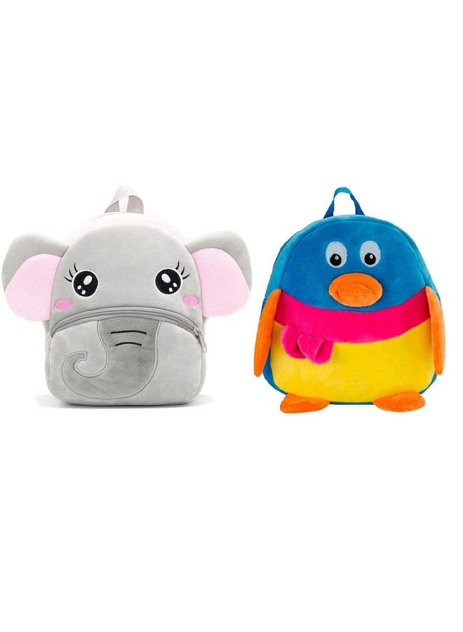 blue tree Kids School Bag Soft Plush Backpack Cartoon Bags Mini Travel Bag for for Girls Boys Toddler Baby Elephant & Penguin - Image 1