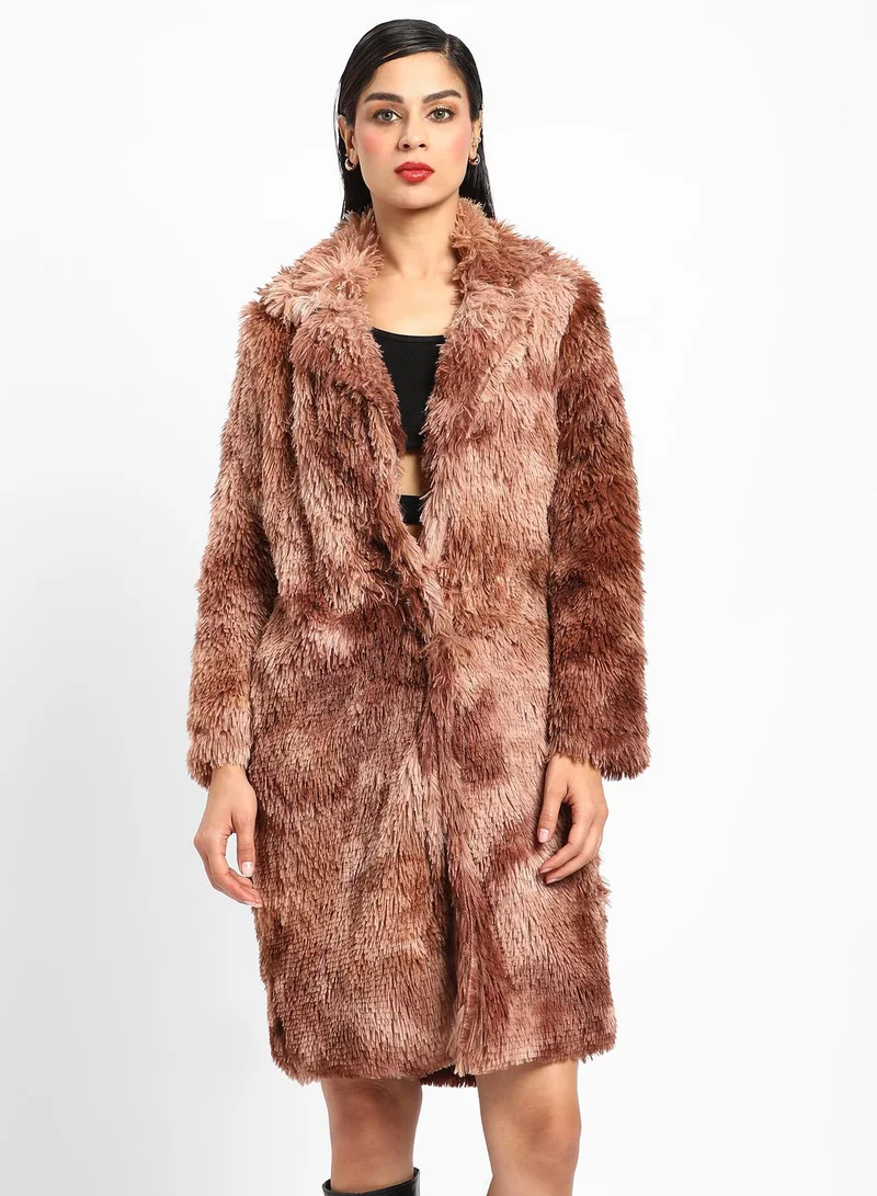 Campus Sutra Women's Chestnut Brown Red Single-Breasted Fleece Long Coat