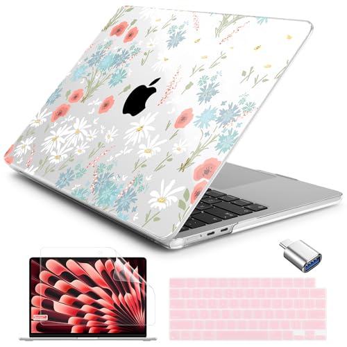 Batianda Case for New MacBook Air 13 inch 2026 M5 2025 M4 2024 Model A3240 A3113 M3 A2681 M2, Floral Designed Protective Hardshell Keyboard Cover & Screen Protector and USB-C Adapter, White Flower - Image 1