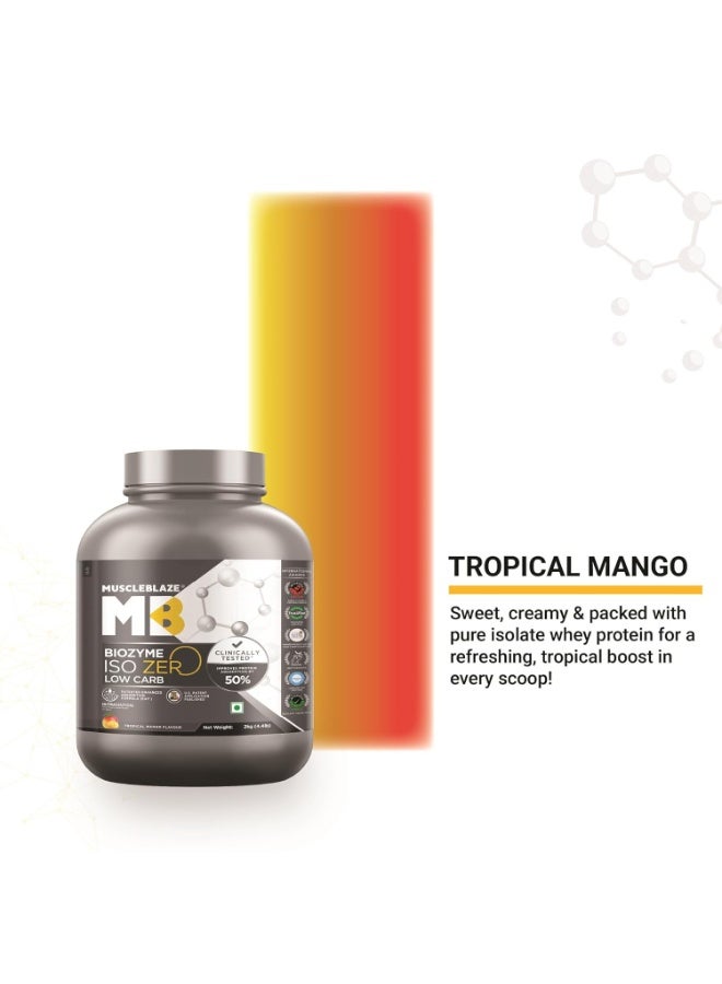 مسل بلايز MuscleBlaze Biozyme Iso-Zero، مسحوق بروتين مصل اللبن المعزول (Whey Isolate) قليل الكربوهيدرات بنكهة المانجو الاستوائية (2 كجم / 4.4 رطل) | 27 جم من بروتين مصل اللبن المعزول لكل مكيال | تركيبة معززة للامتصاص (EAF) حاصلة على براءة اختراع مسجلة في الولايات المتحدة الأمريكية - Image 3