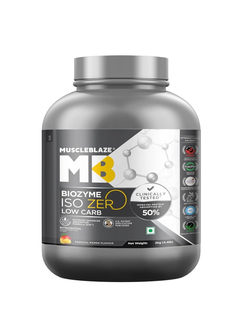 مسل بلايز MuscleBlaze Biozyme Iso-Zero، مسحوق بروتين مصل اللبن المعزول (Whey Isolate) قليل الكربوهيدرات بنكهة المانجو الاستوائية (2 كجم / 4.4 رطل) | 27 جم من بروتين مصل اللبن المعزول لكل مكيال | تركيبة معززة للامتصاص (EAF) حاصلة على براءة اختراع مسجلة في الولايات المتحدة الأمريكية - Image 1