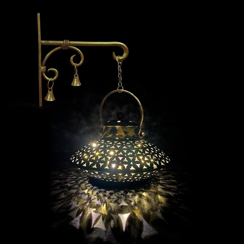 Netboon Handcrafted Wall Hanging Handi Degchi Dhoop Dani Pot Diya Lantern Incense TLight Candle Holder for Home Decor Pooja Room Meditation Space IronGold Color - Image 2