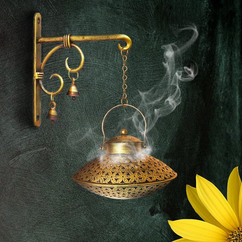 Netboon Handcrafted Wall Hanging Handi Degchi Dhoop Dani Pot Diya Lantern Incense TLight Candle Holder for Home Decor Pooja Room Meditation Space IronGold Color - Image 1