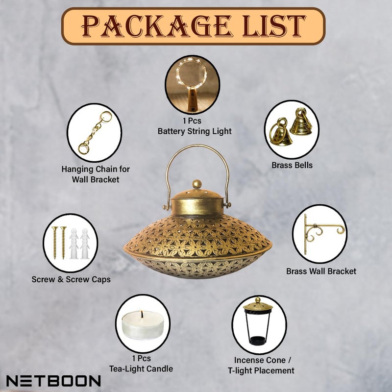 Netboon Handcrafted Wall Hanging Handi Degchi Dhoop Dani Pot Diya Lantern Incense TLight Candle Holder for Home Decor Pooja Room Meditation Space IronGold Color - Image 4