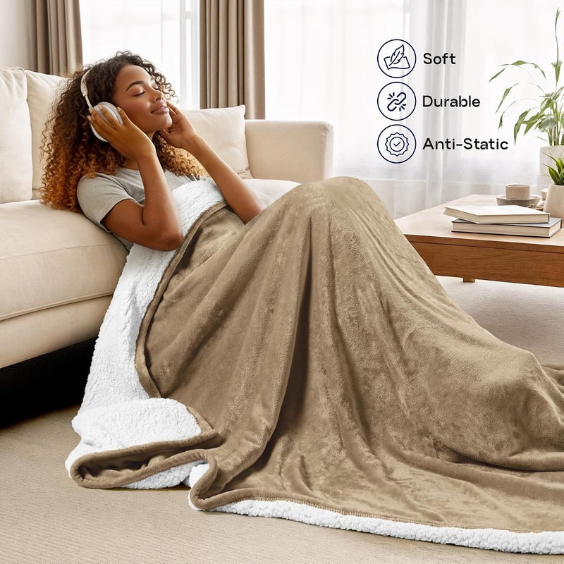Sherpa Polyester Bed Blanket - 480GSM Plush Blanket Fleece Reversible Blanket for Bed and Couch (90x86 Inches), Camel, Full - Image 3