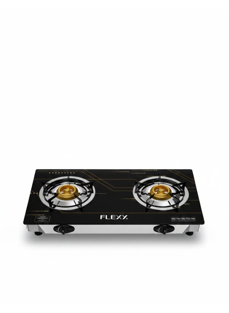 Flexy Double Burner Gas Stove, 7mm Toughened Glass, Auto Ignition, Cast Iron Burners, LPG, Blue Flame, 2 Years Warranty Support - Image 1