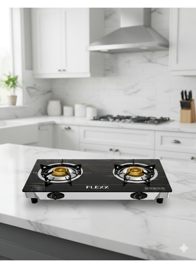 Flexy Double Burner Gas Stove, 7mm Toughened Glass, Auto Ignition, Cast Iron Burners, LPG, Blue Flame, 2 Years Warranty Support - Image 2