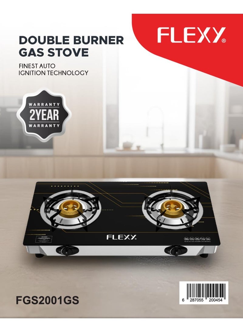 Flexy Double Burner Gas Stove, 7mm Toughened Glass, Auto Ignition, Cast Iron Burners, LPG, Blue Flame, 2 Years Warranty Support - Image 3
