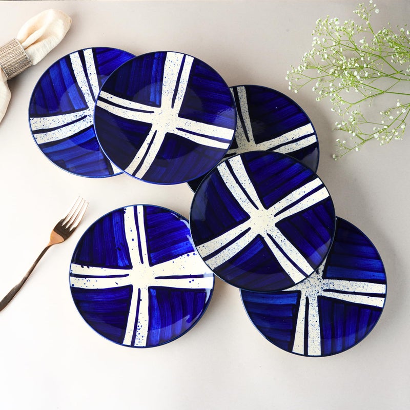 BLACKCARROT Ceramic Quarter Plates Small Dinner Plates Set of 6 Handcrafted Stoneware Blue Splash & Serving Platter for Snacks & Dessert Microwave and Dishwasher Safe -Size 7.5 Inches - Image 3