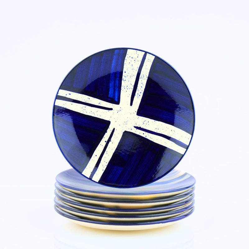 BLACKCARROT Ceramic Quarter Plates Small Dinner Plates Set of 6 Handcrafted Stoneware Blue Splash & Serving Platter for Snacks & Dessert Microwave and Dishwasher Safe -Size 7.5 Inches - Image 1