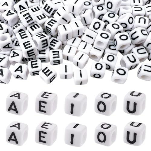 MIIIM 500pcs Vowel Pony Beads Letters for Keychains Making (A, E, I, O, U), 6x6mm Large Hole Vowel Square Letter Beads for Bracelets Making, Alphabets, Numbers (White and Black) - Image 1