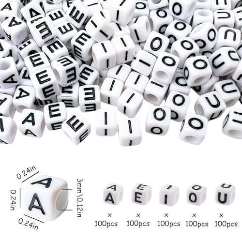 MIIIM 500pcs Vowel Pony Beads Letters for Keychains Making (A, E, I, O, U), 6x6mm Large Hole Vowel Square Letter Beads for Bracelets Making, Alphabets, Numbers (White and Black) - Image 2