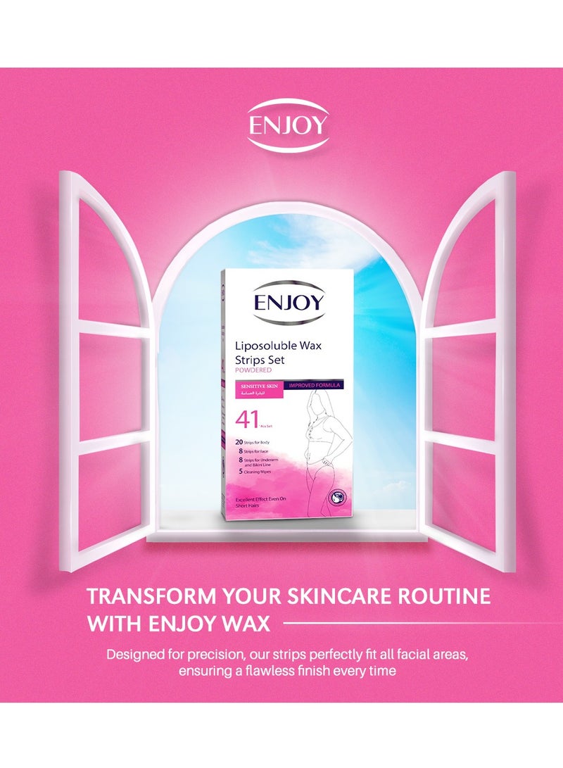 إنجوي مجموعة شرائح شمع Enjoy لإزالة الشعر – للبشرة الحساسة – تركيبة محسّنة – 41 قطعة (شرائح للجسم، الوجه، تحت الإبط وخط البيكيني + مناديل تنظيف) - Image 2