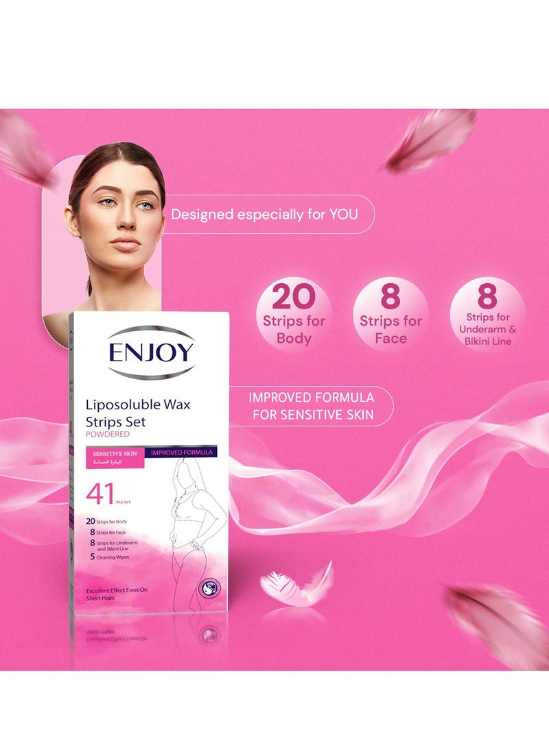 إنجوي مجموعة شرائح شمع Enjoy لإزالة الشعر – للبشرة الحساسة – تركيبة محسّنة – 41 قطعة (شرائح للجسم، الوجه، تحت الإبط وخط البيكيني + مناديل تنظيف) - Image 3