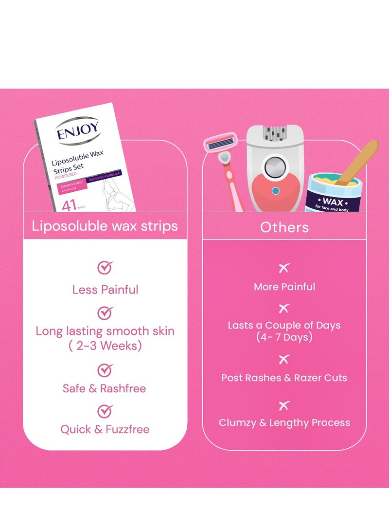 إنجوي مجموعة شرائح شمع Enjoy لإزالة الشعر – للبشرة الحساسة – تركيبة محسّنة – 41 قطعة (شرائح للجسم، الوجه، تحت الإبط وخط البيكيني + مناديل تنظيف) - Image 4