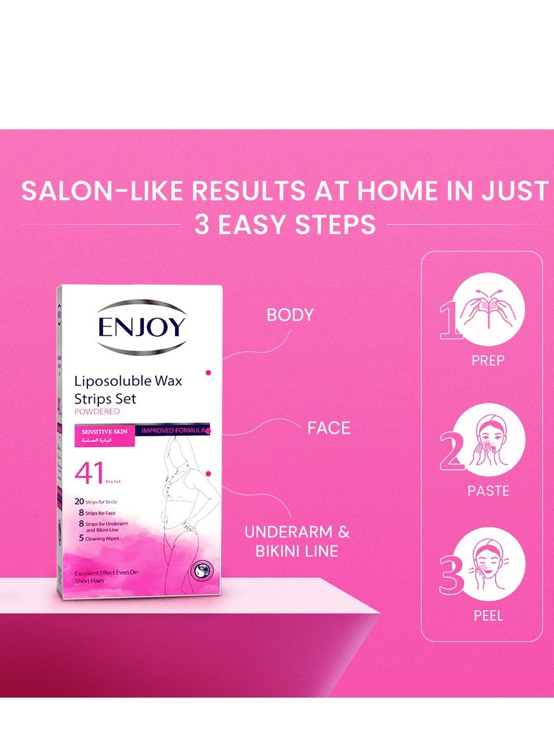 إنجوي مجموعة شرائح شمع Enjoy لإزالة الشعر – للبشرة الحساسة – تركيبة محسّنة – 41 قطعة (شرائح للجسم، الوجه، تحت الإبط وخط البيكيني + مناديل تنظيف) - Image 5