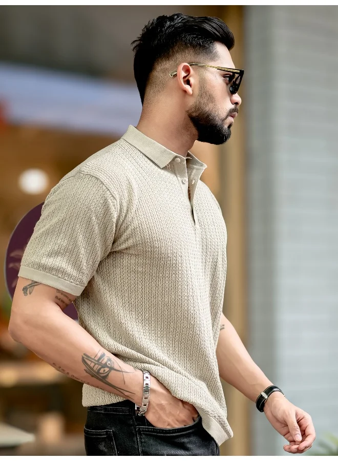Maniac Mens Textured FlatKnit Beige Cotton Slim Fit T-Shirt