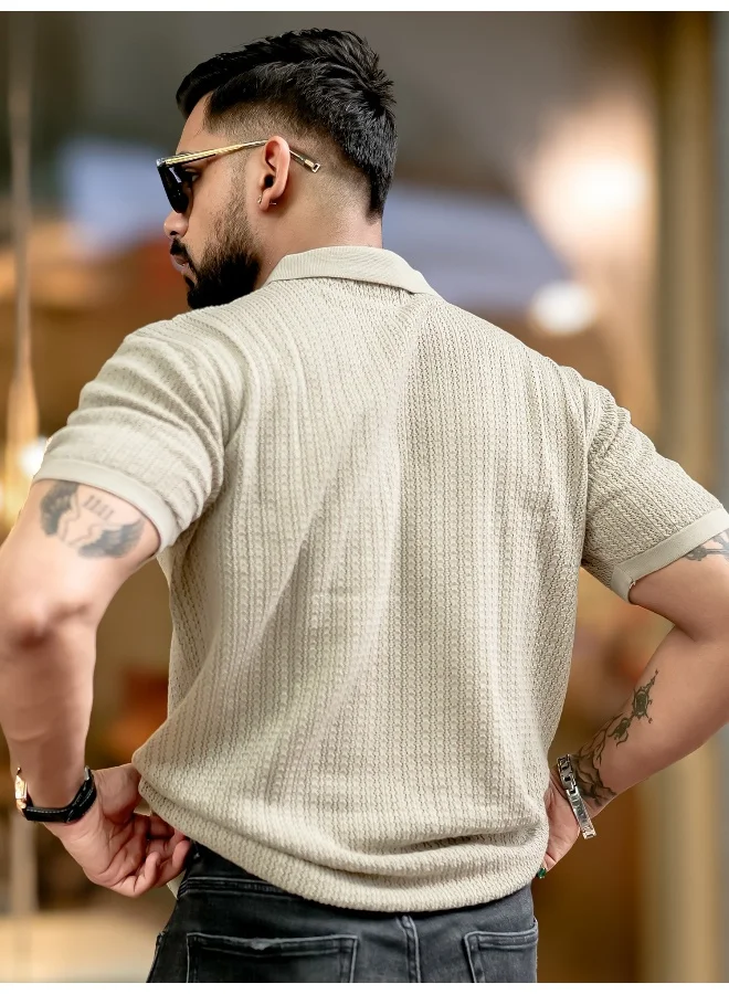 Maniac Mens Textured FlatKnit Beige Cotton Slim Fit T-Shirt