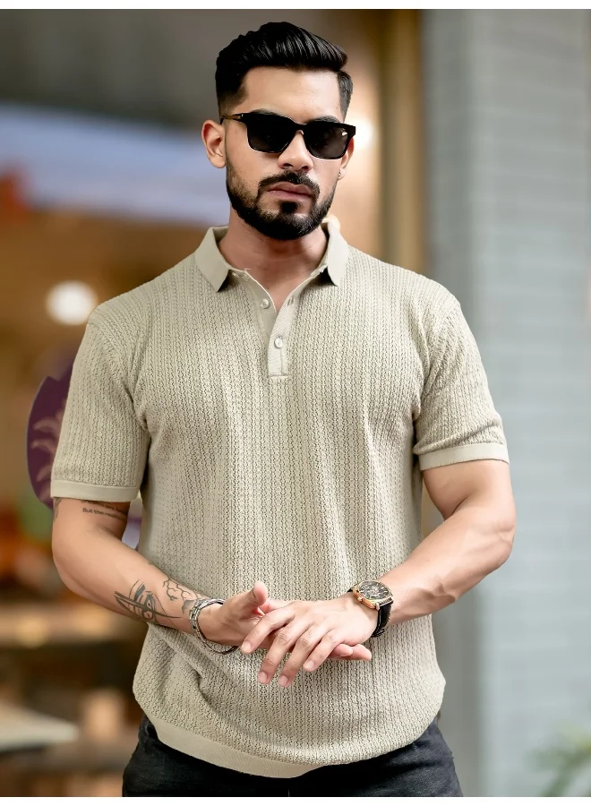 Maniac Mens Textured FlatKnit Beige Cotton Slim Fit T-Shirt