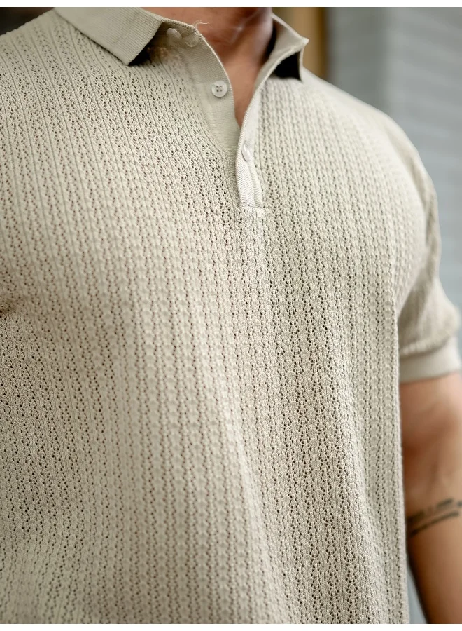 Maniac Mens Textured FlatKnit Beige Cotton Slim Fit T-Shirt