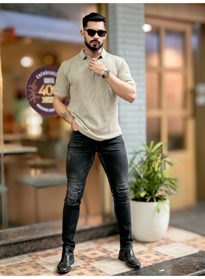 Maniac Mens Textured FlatKnit Beige Cotton Slim Fit T-Shirt