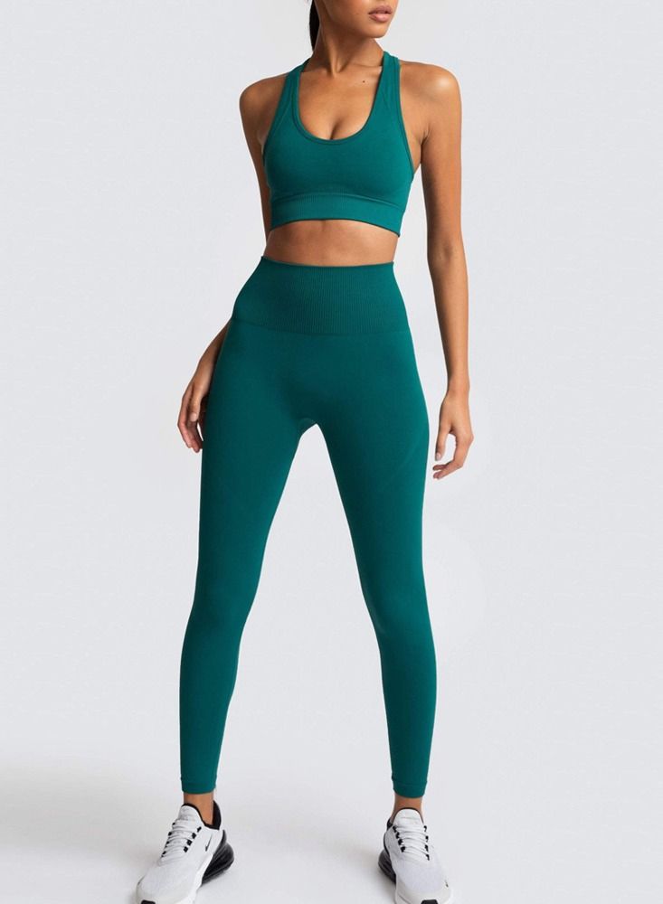 Loquat Fitness Back Bra Solid Color Sports Set Blackish Green - Image 1