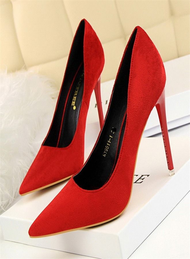 BIGTREE Shallow Pointed Suede High Heels 10.5CM Red