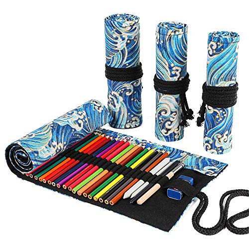 Funny Live 36/48/72 Slots Colored Pencil Wrap Pencils Roll Holder Organizer Holder Colored Pen Paint Brush Storage Pouch Portable for Artist Student (Blue Ocean, 36 Slots) - Image 1
