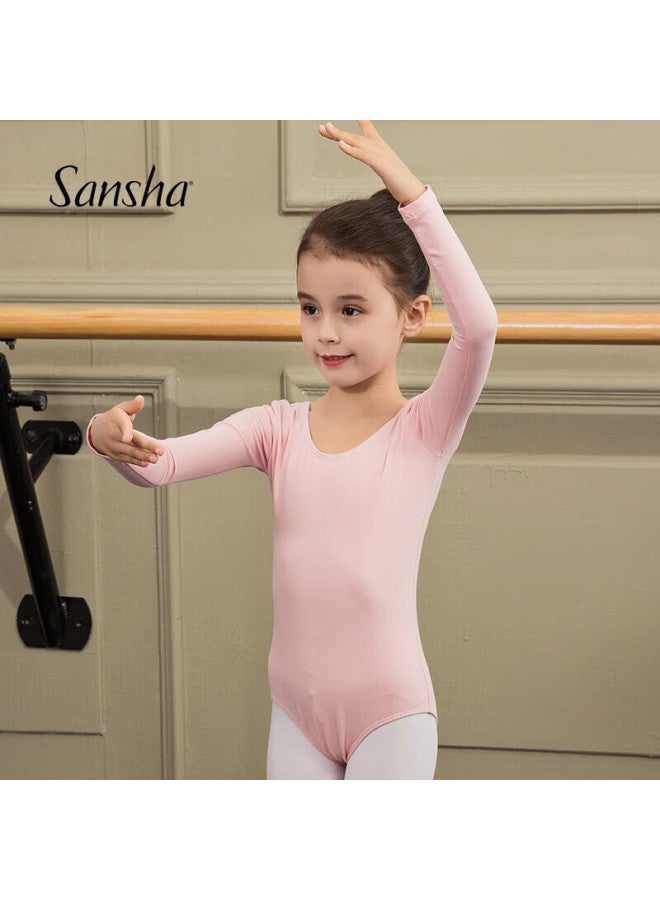 Sansha Children's Ballet Dance Leotard, Long-sleeve Practice Outfit, Solid Color Ballet Performance Bodysuit, Y4552ck/f, Pink, Size S - Image 1