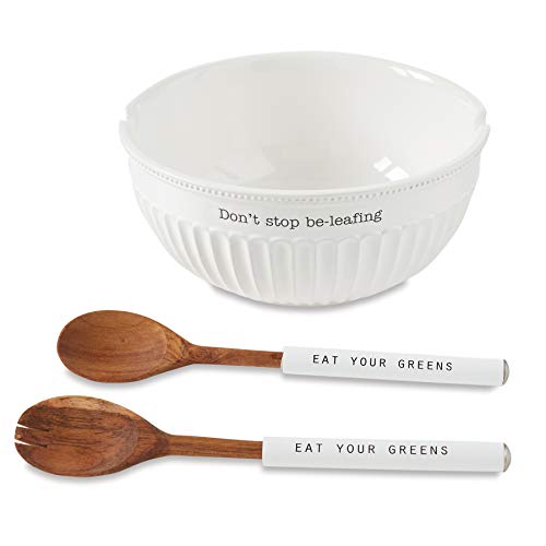 Mud Pie Dolomite, wood Don't Stop Be-Leafing Salad Bowl Set, 32 oz, White, brown - Image 5