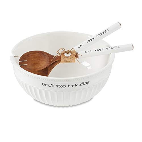 Mud Pie Dolomite, wood Don't Stop Be-Leafing Salad Bowl Set, 32 oz, White, brown - Image 3