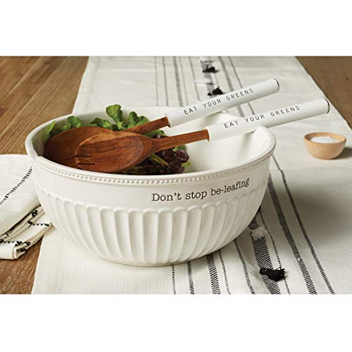 Mud Pie Dolomite, wood Don't Stop Be-Leafing Salad Bowl Set, 32 oz, White, brown - Image 2