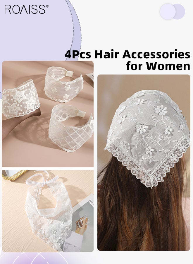 roaiss 3 Pcs Wide-brimmed White Lace Headbands and 1 pc Floral Soft Lace Headwrap Lace Headband Headcover Triangular Headscarf, Hair Accessories Set for Women Girls - Image 1