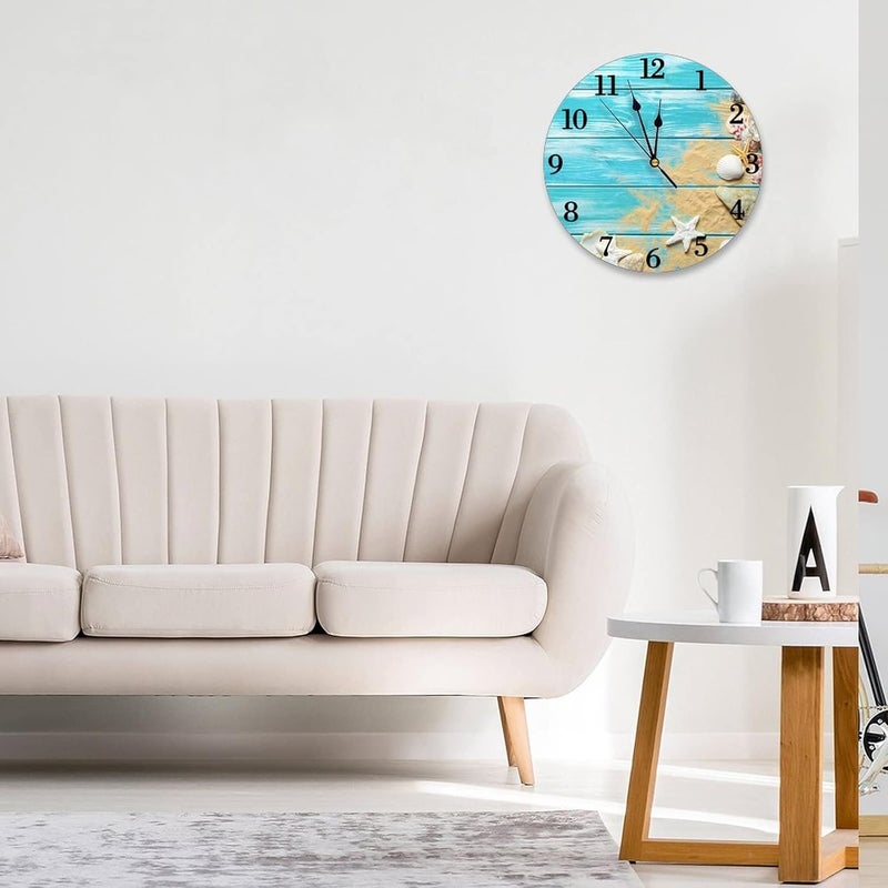 Abucaky Seashells Wall Clock with Wood Background, Battery Powered, Silent Ocean Theme Round Wall Decor for Home Office School 25cm - Image 2
